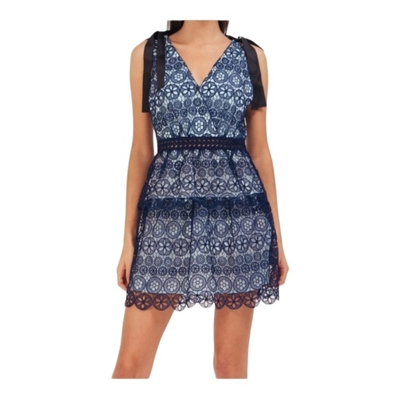 NWT SELF-PORTRAIT Blue Guipure Lace Tie Shoulder Tiered Mini Dress Size 00 - Picture 5 of 13